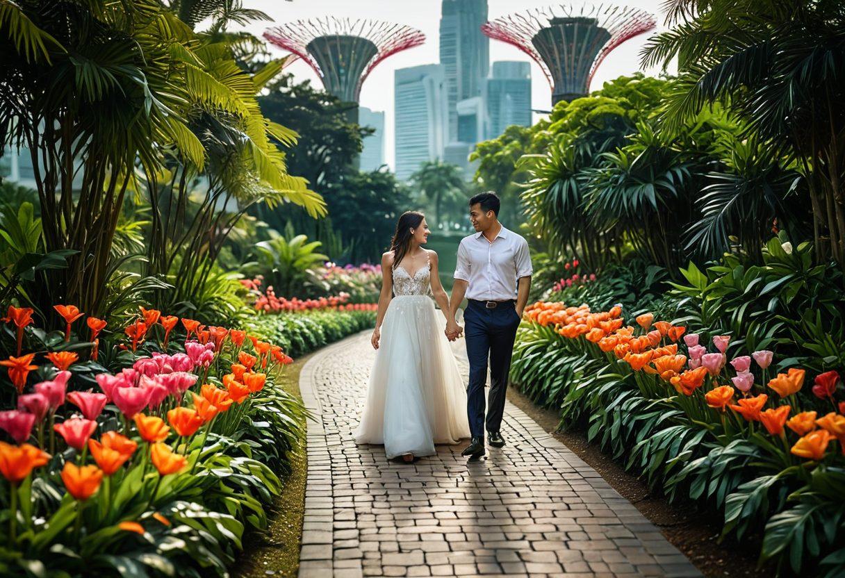 A picturesque scene showcasing a couple sharing a romantic moment on a lush garden pathway in Singapore, surrounded by vibrant tropical flowers and lush greenery, with iconic landmarks like Marina Bay Sands softly visible in the background. Soft, warm lighting creates a magical atmosphere, and subtle heart-shaped decorations can be seen in the floral arrangements. painting. vibrant colors. dreamy style.