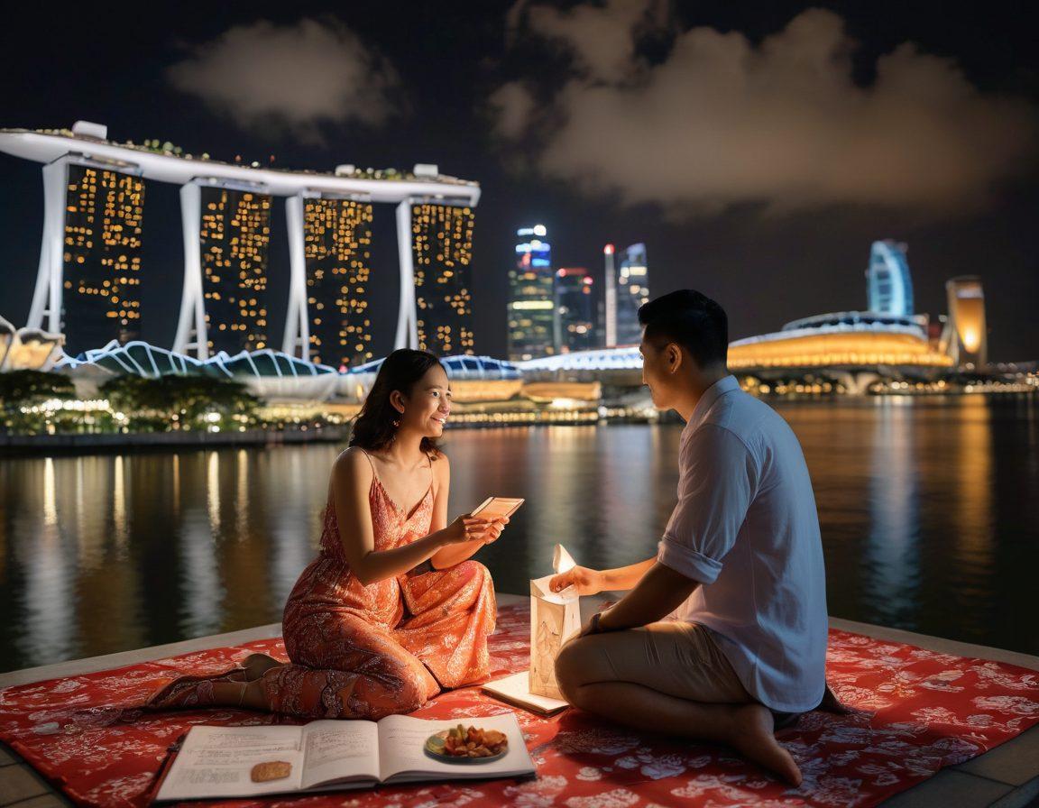 A diverse group of modern couples engaging in meaningful conversations, surrounded by iconic Singaporean landmarks. Incorporate symbols representing different love languages, such as gifts, acts of service, words of affirmation, quality time, and physical touch. Use soft, warm lighting to evoke a sense of connection and intimacy. Vibrant colors to reflect Singapore's rich culture and energy. super-realistic. vibrant colors.