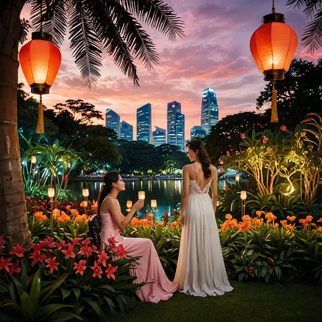A romantic scene featuring a couple exploring a beautiful garden in Singapore with iconic landmarks in the background. The couple shares a tender moment, surrounded by vibrant tropical flowers and lush greenery. Include dreamy, softly lit lanterns hanging from the trees and a hint of the sunset casting warm colors. The composition evokes feelings of love and adventure in a tropical paradise. super-realistic. vibrant colors. dreamy atmosphere.